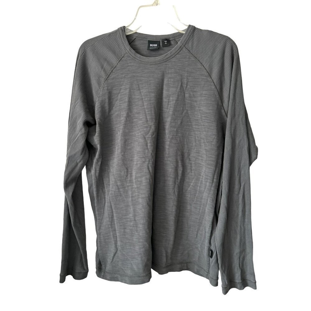 Hugo Boss Long Sleeve Crewneck Tee Tshirt Gray Ribbed Sleeves